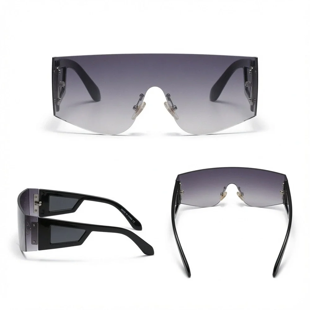 Mens Futuristic Rimless Shield Sunglasses Black Smoke Gradient‎ Cyberpunk Visor